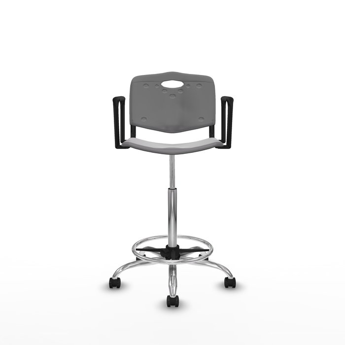 Taburete Robledo con mecanismo Giratorio de PVC color Gris claro. Equipado con Base cromada, Brazos fijos y Ruedas autofrenantes