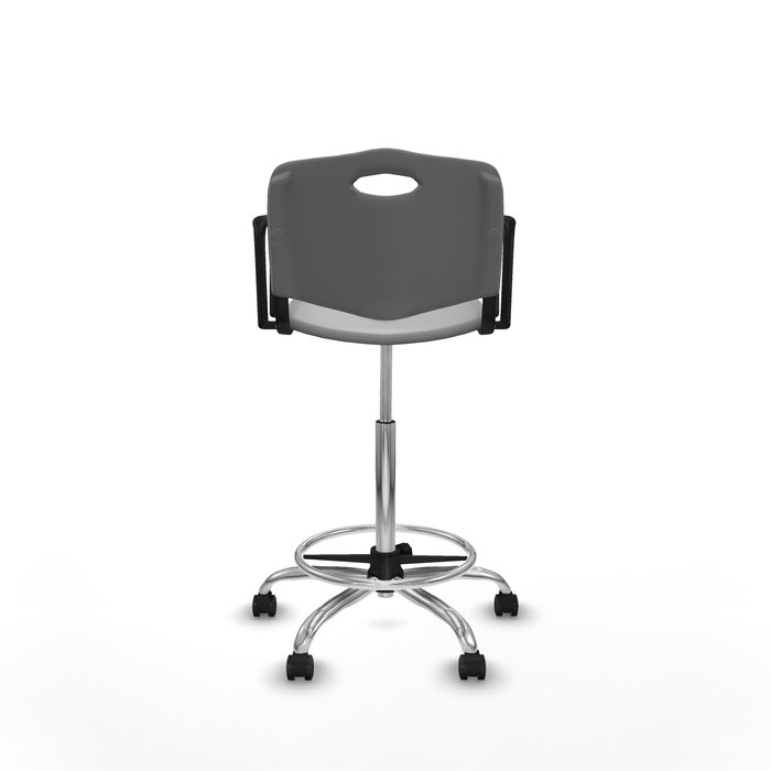 Taburete Robledo con mecanismo Giratorio de PVC color Gris claro. Equipado con Base cromada, Brazos fijos y Ruedas autofrenantes