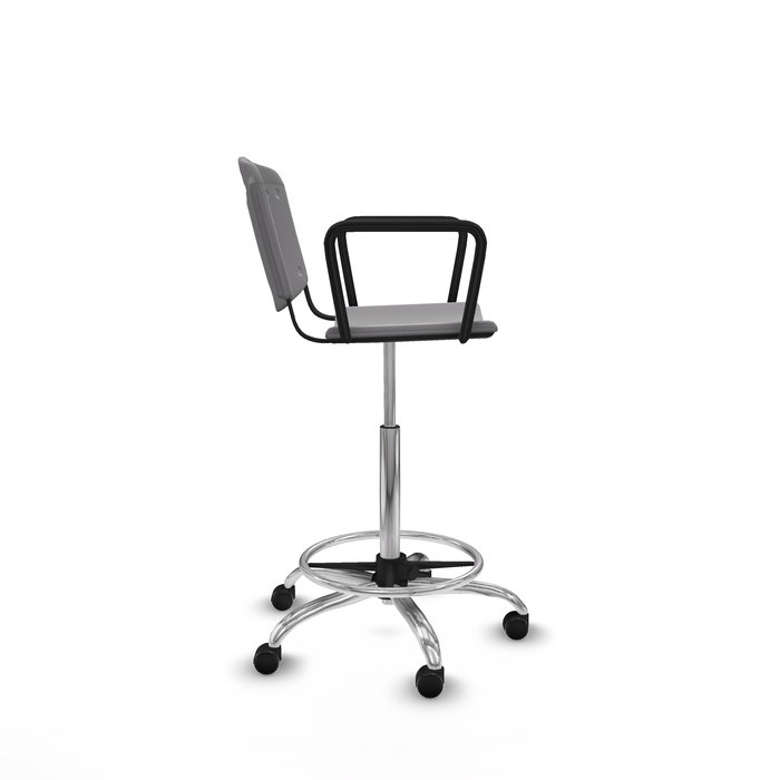 Taburete Robledo con mecanismo Giratorio de PVC color Gris claro. Equipado con Base cromada, Brazos fijos y Ruedas autofrenantes