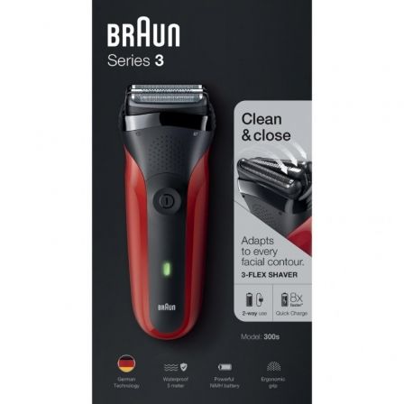 AFEITADORA BRAUN 300S ROJA - 3 ELEMENTOS DE CORTE - RESISTENTE AL AGUA - PANTALLA LED - FUNCIONAMIENTO CON CABLE/INALAMBRICO