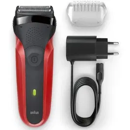 AFEITADORA BRAUN 300S ROJA - 3 ELEMENTOS DE CORTE - RESISTENTE AL AGUA - PANTALLA LED - FUNCIONAMIENTO CON CABLE/INALAMBRICO