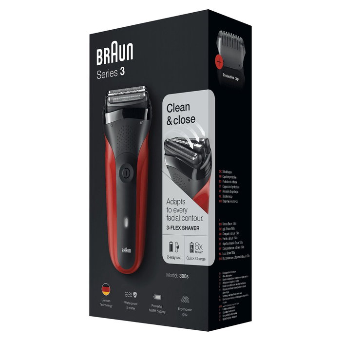 Braun Series 3 300S Máquina de Afeitar Eléctrica, Láminas, Recargable, Lavable, LED, Negro y Rojo