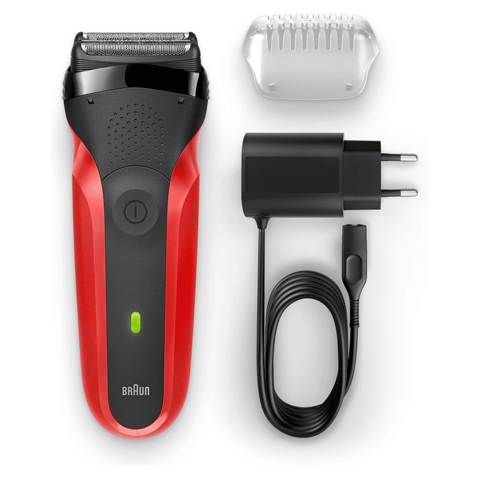 Braun Series 3 300S Máquina de Afeitar Eléctrica, Láminas, Recargable, Lavable, LED, Negro y Rojo