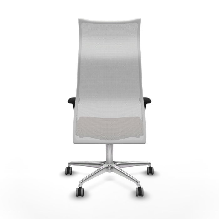 Sillón Albacete con mecanismo Sincro tapizada con Tela color Marrón oscuro y malla color Blanco. Equipado con Base aluminio, Brazos 1D y Ruedas 65 mm parqué