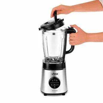 Ufesa 70205733 Rock Crystal - Batidora de vaso 1800W con jarra de cristal de 1.75L, 6 cuchillas acero inoxidable, función picahielos, pantalla digital y programas automáticos