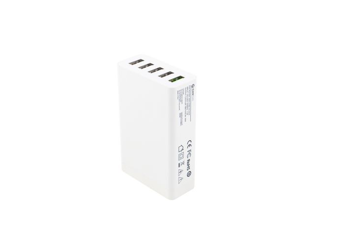 CoreParts Cargador USB Multi-Puerto Blanco 50W 5V 2.4A USB-A 5 puertos con 2.4A cada uno (puerto verde=QC3.0) con Cable de Alimentación EU 1.2m