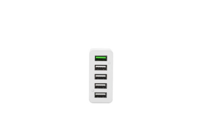 CoreParts Cargador USB Multi-Puerto Blanco 50W 5V 2.4A USB-A 5 puertos con 2.4A cada uno (puerto verde=QC3.0) con Cable de Alimentación EU 1.2m