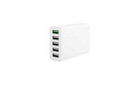 CoreParts Cargador USB Multi-Puerto Blanco 50W 5V 2.4A USB-A 5 puertos con 2.4A cada uno (puerto verde=QC3.0) con Cable de Alimentación EU 1.2m