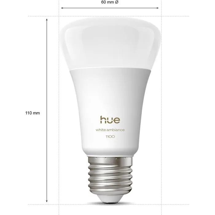 Philips Hue AABUO53059 Bombilla LED A60 Conectada Smart, Luz Blanca Cálida (1000-2000K), 8.1W, 1100 Lúmenes, Base E27 para Hogar Inteligente