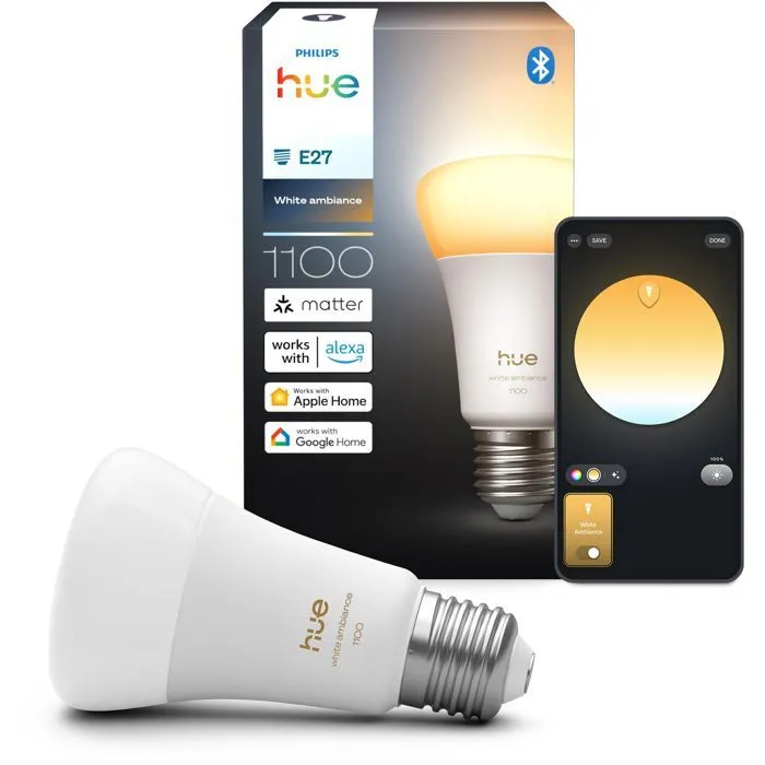 Philips Hue AABUO53059 Bombilla LED A60 Conectada Smart, Luz Blanca Cálida (1000-2000K), 8.1W, 1100 Lúmenes, Base E27 para Hogar Inteligente