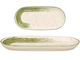 VESSIA - Bandeja Ovalada Patinada Verde de Porcelana para Decoración o Servir - 33 x 15.5 cm (Set de 24)