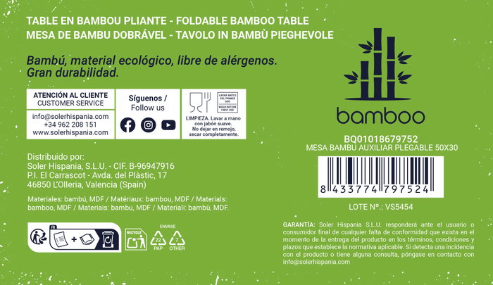 Quttin Mesa de Bambú Auxiliar Plegable 50x30x22 cm