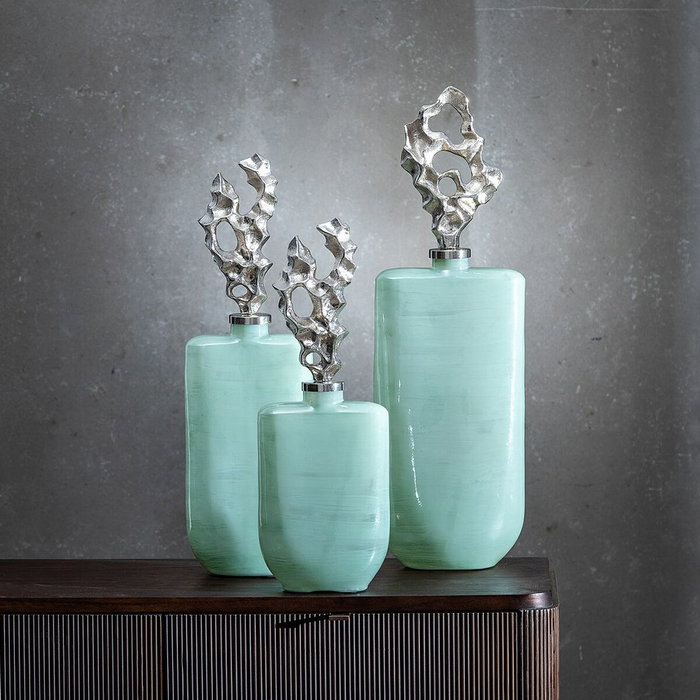 Ixia Botella Decorativa Verde-Plata de Cristal 19 x 13 x 62 cm