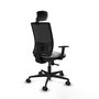 Silla de oficina Yunquera con mecanismo Sincro tapizada con Tela color Gris claro y malla color Negro. Equipada con lumbar 1D, Brazos 1D, Cabecero 1D y Ruedas 65mm nailon