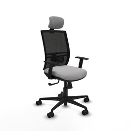 Silla de oficina Yunquera con mecanismo Sincro tapizada con Tela color Gris claro y malla color Negro. Equipada con lumbar 1D, Brazos 1D, Cabecero 1D y Ruedas 65mm nailon