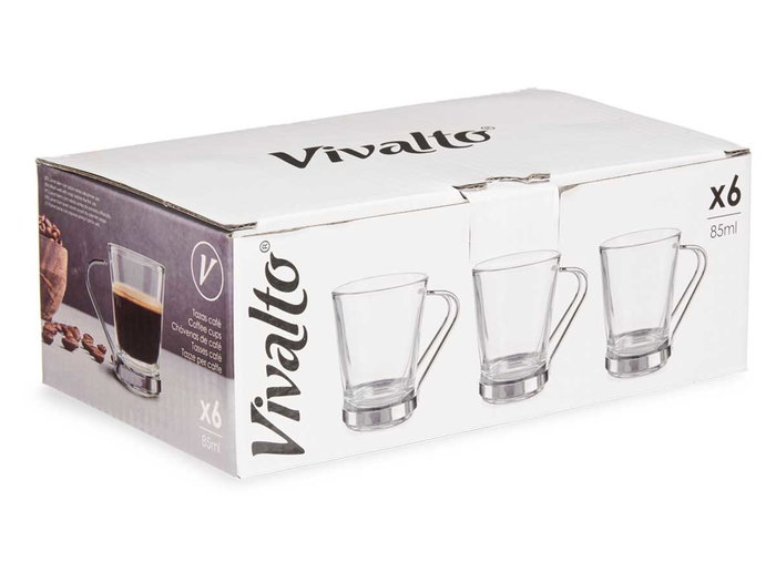 Vivalto Taza de Vidrio con Asa de Metal, 85 ml, Transparente/Plata, 8x6x6 cm (Set de 72)