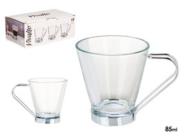 Vivalto Taza de Vidrio con Asa de Metal, 85 ml, Transparente/Plata, 8x6x6 cm (Set de 72)