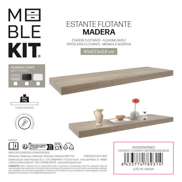 Moblekit -42- Estante Flotante de Roble, 80 x 23.5 x 3.8 cm