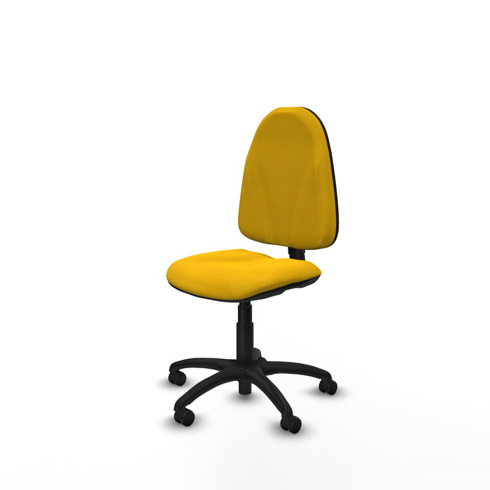 Silla de oficina Algarra con mecanismo Contacto permanente básico tapizada con Tela color Amarillo. Equipada con Base poliamida negra, Sin brazos y Ruedas de parqué Silla de oficina Algarra con mecanismo Contacto permanente básico tapizada con Tela color Amarillo. Equipada con Base poliamida negra, Sin brazos y Ruedas de parqué