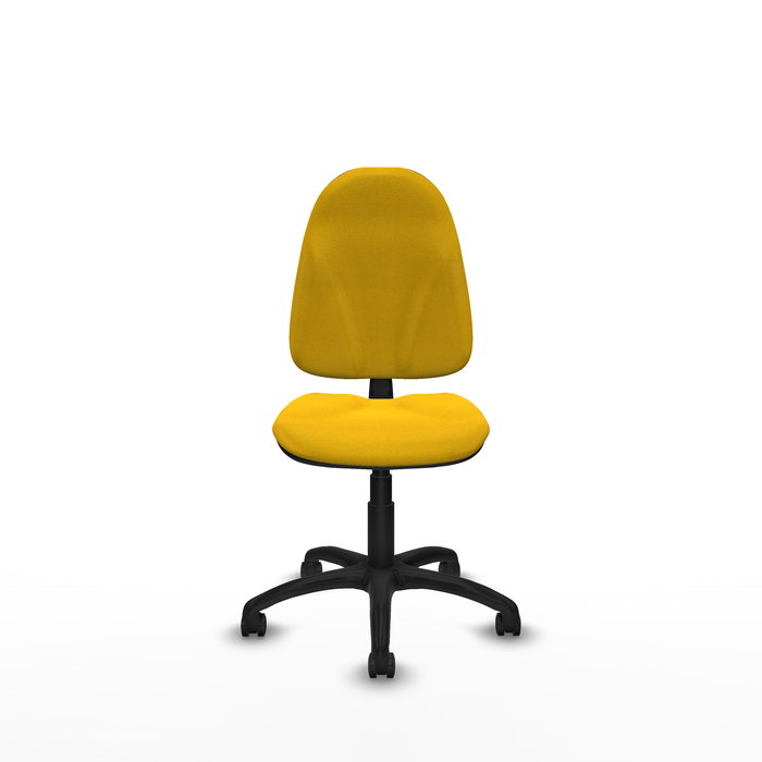 Silla de oficina Algarra con mecanismo Contacto permanente básico tapizada con Tela color Amarillo. Equipada con Base poliamida negra, Sin brazos y Ruedas de parqué Silla de oficina Algarra con mecanismo Contacto permanente básico tapizada con Tela color Amarillo. Equipada con Base poliamida negra, Sin brazos y Ruedas de parqué
