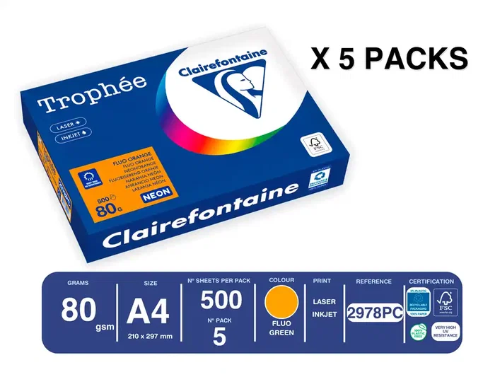 Trophee Papel Color A4 80gr Naranja Neón Paquete 500 Hojas