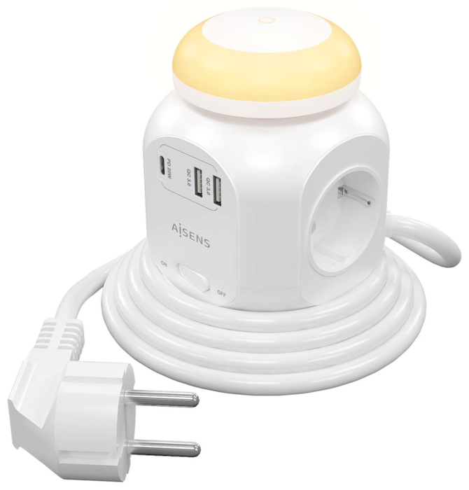 Aisens Regleta de Enchufes Multifunción con 4 Tomas, USB-C 20W, 2xUSB-A y Luz Nocturna, Blanco Aisens Regleta de Enchufes Multifunción con 4 Tomas, USB-C 20W, 2xUSB-A y Luz Nocturna, Blanco