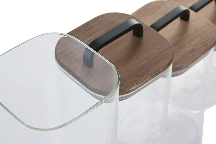 DKD Home Decor Bote de Cristal con Tapa de Acacia Transparente y Natural 2 Litros 10x30x10 cm Set de 4 Piezas