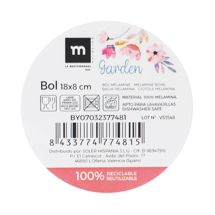 La Mediterranea Bol Melamina Mate Garden 18 cm x 8 cm (24 Unidades)