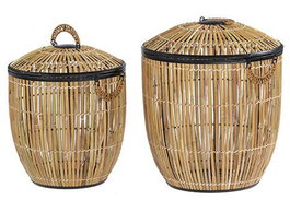 DKD Home Decor Cesta Ropa Balines Natural Negro Ratan Metal Polyester Set de 2 48 x 55 x 48 cm