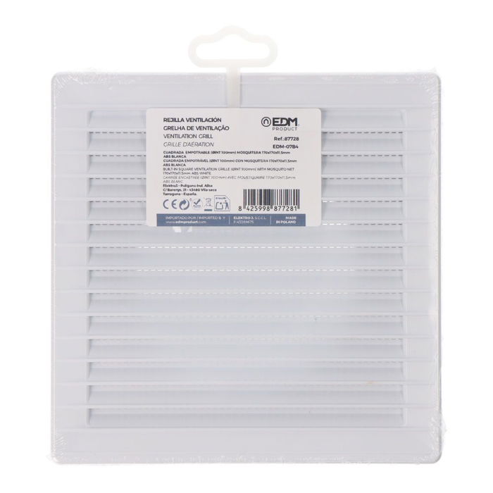 Edm Rejilla de Ventilación Cuadrada Empotrable ø 100mm con Mosquitera 170x170x10mm ABS Blanca