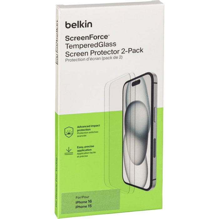 Belkin Protector de Pantalla de Vidrio Templado para iPhone 16/15 (Pack de 2) Belkin Protector de Pantalla de Vidrio Templado para iPhone 16/15 (Pack de 2)
