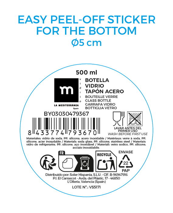 La Mediterran Botella de Vidrio Decorada con Tapa de Acero Inoxidable 500 ml 6.7x6.7x22.7 cm (24 Unidades)