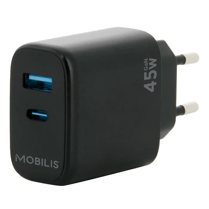 Mobilis 001363 Cargador de coche universal negro, 45W, 2 puertos USB (1x45W + 1x18W), para dispositivos móviles