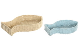 DKD Home Decor Set de 2 Bandejas Seagrass y Metal Azul y Natural