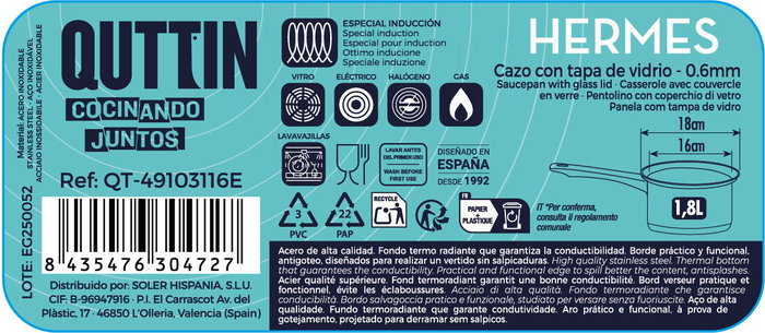 Inde Cazo 16 cm (1.8L) Acero Inoxidable con Tapa "Hermes" Qt (8 Unidades)