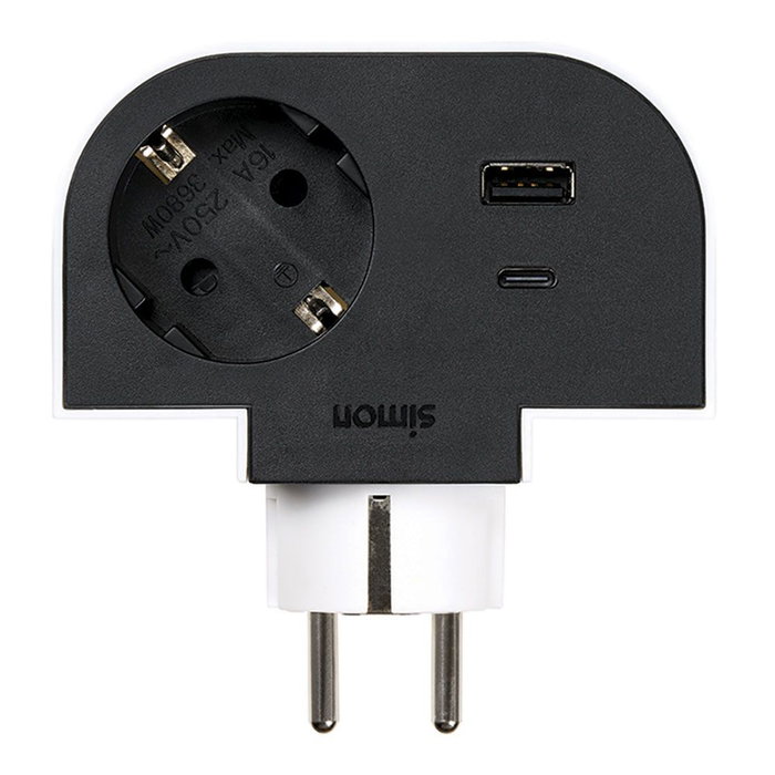 Simon Adaptador Giratorio con 1 Toma Schuko + USB A+C (30W Carga Rápida) - 16A 250V~ Simon Adaptador Giratorio con 1 Toma Schuko + USB A+C (30W Carga Rápida) - 16A 250V~