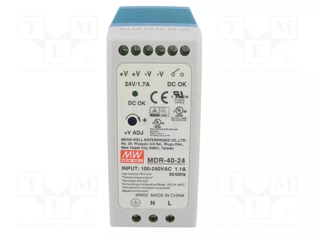 MEAN WELL MDR-40-24 Alimentador de impulso para carril DIN 40W 24VDC MEAN WELL MDR-40-24 Alimentador de impulso para carril DIN 40W 24VDC