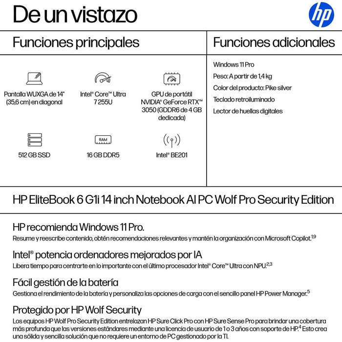 HP EliteBook 6 G1i Intel Core Ultra 7 255U 16GB 512GB SSD 14 WUXGA Plata
