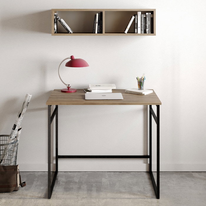 Hanah Home Mesa de Estudio Nogal y Negro, 90x75x60 cm, con Estante de Pared
