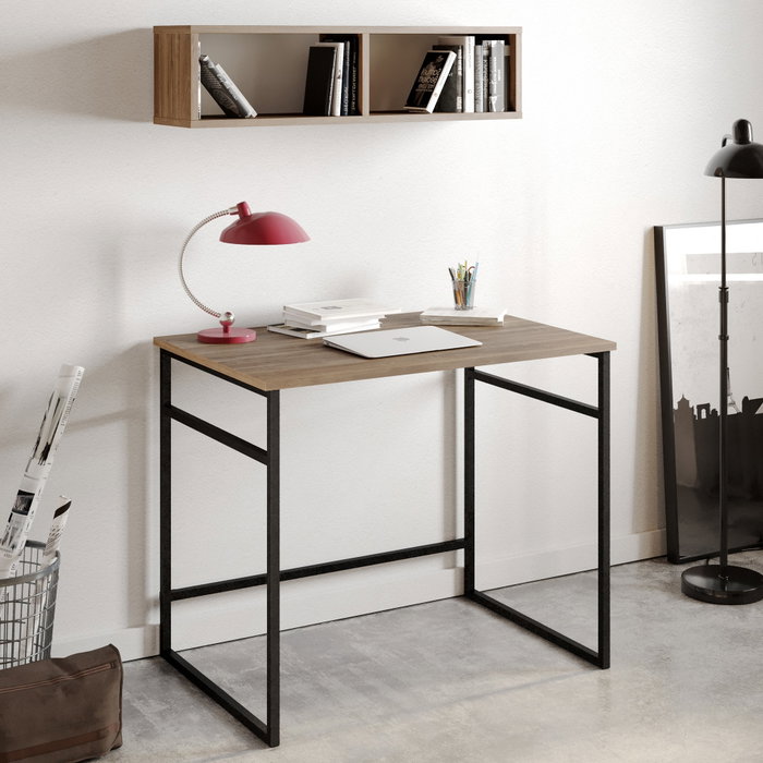 Hanah Home Mesa de Estudio Nogal y Negro, 90x75x60 cm, con Estante de Pared
