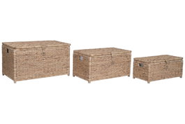 DKD Home Decor Set de 3 Baúles de Jacinto de Agua y Madera Natural