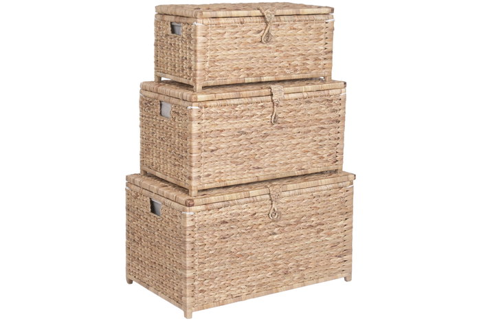 DKD Home Decor Set de 3 Baúles de Jacinto de Agua y Madera Natural