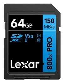 Lexar Tarjeta de Memoria SDXC 64 GB Professional 800x PRO UHS-I Clase 10 V30, 150 MB/s, Negra, Resistente