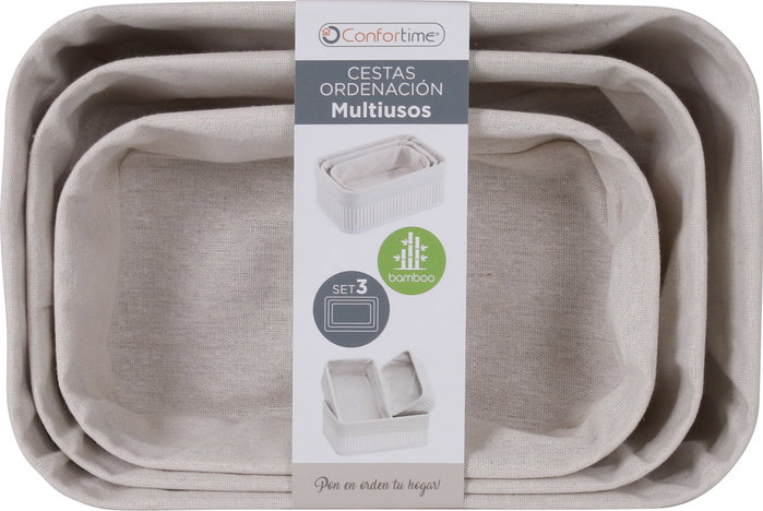Confortime Set de 3 Cestas de Ordenación de Bambú Blanco, Dimensiones: 30x20x12 cm, 28x18x10 cm y 25 cm (6 Unidades)