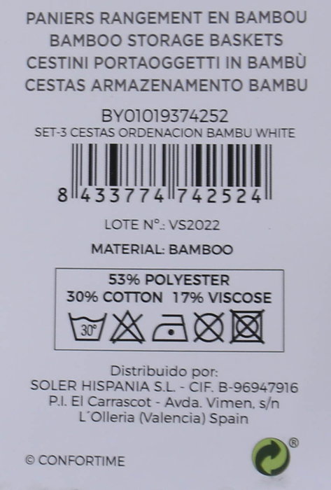 Confortime Set de 3 Cestas de Ordenación de Bambú Blanco, Dimensiones: 30x20x12 cm, 28x18x10 cm y 25 cm (6 Unidades)