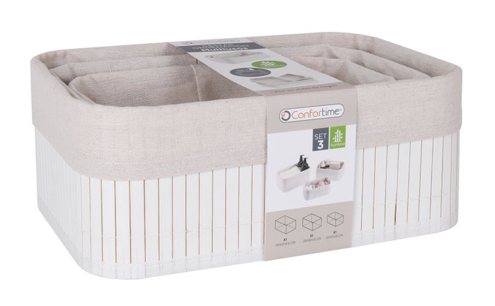 Confortime Set de 3 Cestas de Ordenación de Bambú Blanco, Dimensiones: 30x20x12 cm, 28x18x10 cm y 25 cm (6 Unidades)