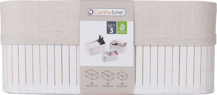 Confortime Set de 3 Cestas de Ordenación de Bambú Blanco, Dimensiones: 30x20x12 cm, 28x18x10 cm y 25 cm (6 Unidades)