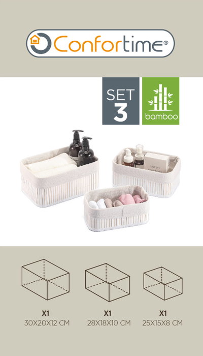 Confortime Set de 3 Cestas de Ordenación de Bambú Blanco, Dimensiones: 30x20x12 cm, 28x18x10 cm y 25 cm (6 Unidades)