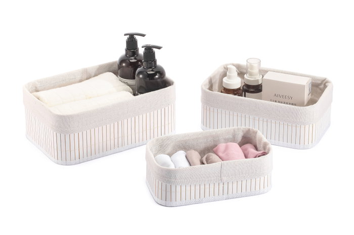 Confortime Set de 3 Cestas de Ordenación de Bambú Blanco, Dimensiones: 30x20x12 cm, 28x18x10 cm y 25 cm (6 Unidades)