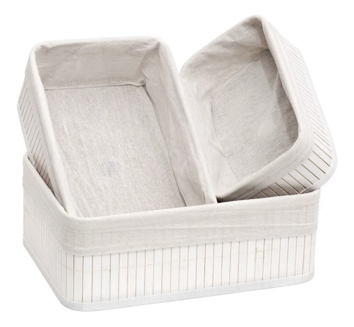 Confortime Set de 3 Cestas de Ordenación de Bambú Blanco, Dimensiones: 30x20x12 cm, 28x18x10 cm y 25 cm (6 Unidades)